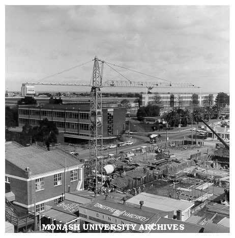 Raised view of early construction of Phillip Law building, Caulfield Institute of Technology