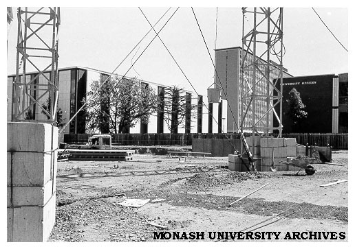 Early construction of Great Hall with Main library in background