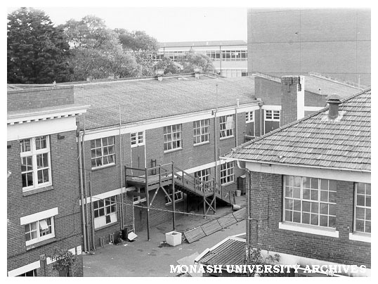 Complex of older buildings in front of F Block, Caulfield Institute of Technology