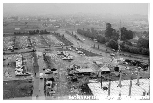 View south from Menzies building with Law school under construction in left foreground