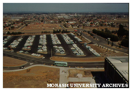 Car park viewed from Menzies building with Law school in right foreground