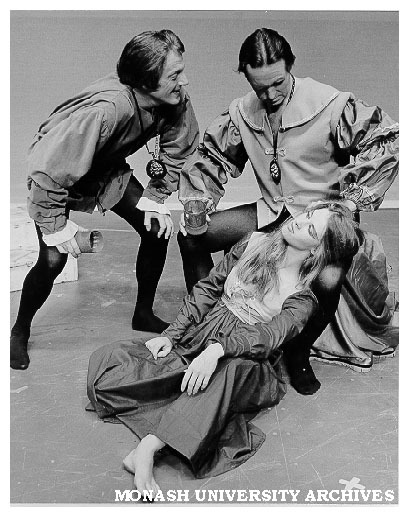 Scene from 'Othello'. Raymond Long (left) as Iago and Kit Calton (rear) as Cassio