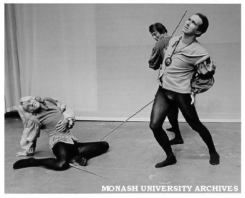 Scene from 'Othello'. Noel Bradey (left) as Roderigo, Raymond Long (rear) as Iago, Kit Calton (right) as Cassio