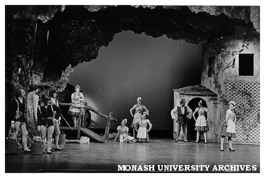 Scene from 'Rumpelstiltskin', Beverley Gardiner (on bridge) as Gretchen