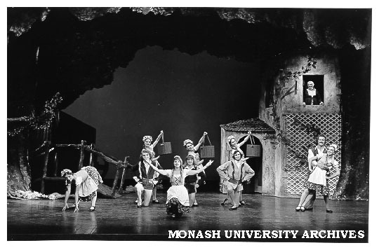 Scene from 'Rumpelstiltskin'. Beverley Gardiner (centre) as Gretchen, Esme Melville (at window) as Aunty Flora Dora, Christopher Mithen (right) as Miller