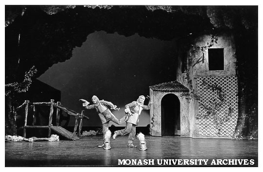 Scene from 'Rumpelstiltskin'. Penelope Richards (left) as Knight II, Paul Kennedy as Knight I