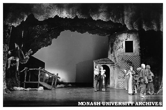 Scene from 'Rumpelstiltskin'. From left: Darrell Hilton (in tree) as Rumpelstiltskin, Christopher Mithen as Miller, Esme Melville as Aunty Flora Dora, Beverley Gardiner as Gretchen, Paul Kennedy as Knight I, Penelope Richards as Knight II