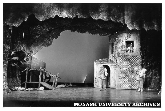 Scene from 'Rumpelstiltskin'. From left: Darrell Hilton (in tree) as Rumpelstiltskin, Penelope Richards as Knight II, Beverley Gardiner (at window) as Gretchen, Paul Kennedy as Knight I,