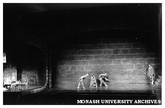 Scene from 'Rumpelstiltskin'. From left: Paul Kennedy as Knight I, Beverley Gardiner as Gretchen, Penelope Richards as Knight II, Alan Burrows as the Prince