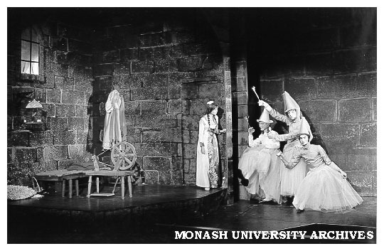 Scene from 'Rumpelstiltskin'. Beverley Gardiner as Gretchen, Erik Rinkell, Robert McClelland and Frank Farusworth as three spinning fairies