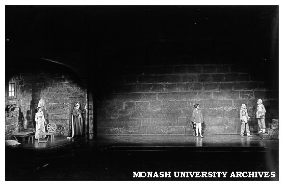 Scene from 'Rumpelstiltskin'. Beverley Gardiner as Gretchen, Laurie Lane as King Grump, Alan Burrows as the Prince, Penelope Richards as Knight II, Paul Kennedy as Knight I