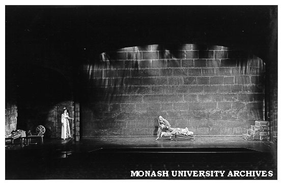 Scene from 'Rumpelstiltskin'. Beverley Gardiner (left) as Gretchen; Penelope Richards and Paul Kennedy as Knights I and II