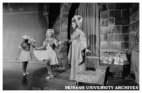 Scene from 'Rumpelstiltskin'. Paul Kennedy (left) and Penelope Richards (centre) as Two Dainty Maid, Beverley Gardiner (right) as Gretchen