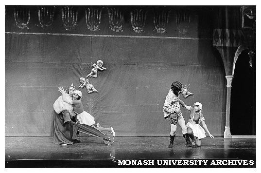 Scene from 'Rumpelstiltskin'. From left: Lauire Lane as King Grump, Paul Kennedy as Dainty Maid, unidentified actor, Penelope Kennedy as Dainty Maid