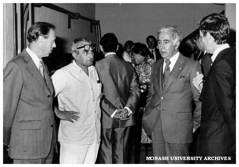 Caulfield Technical College Opening 'C' Block. Mr. T. Brownlee, Mr. M. Drimer, Governor-General Sir Zelman Cowen, Dr. H. R. Milner, Lady Cowen in background.