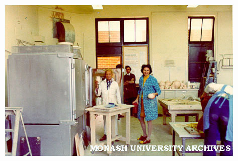 Caulfield Technical College Ceramic Design staff and students. Kiln operator Bob Collins (left), Course Leader Lindsay Anderson (centre back), and students