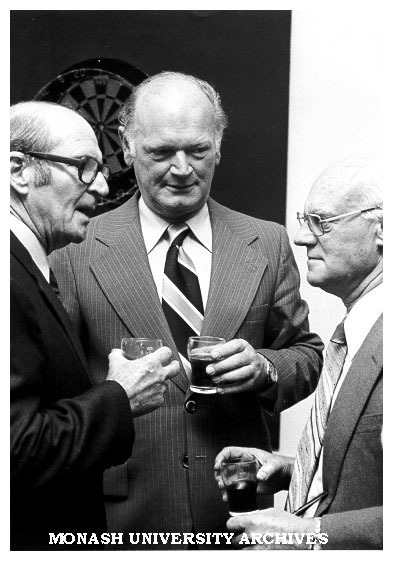 Retirement of T.S. Moore from Caulfield Technical College Student Records section. From left: W. Tucker, T. S. Moore, H. J. Halstead