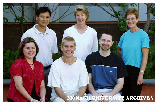 The MONPIX Team - staff involved in the Monash University Archives Online Image Database from left back: Duy Nguyen, Robyn Warburton, Jan Getson; front: Catherine Nicholls, Andrew Creer, Nathan Bailey