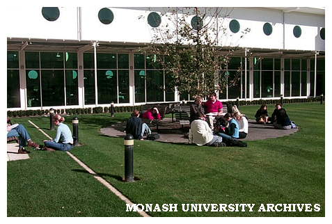 Berwick campus courtyard lawn with Library in background