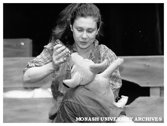 Scene from 'Charlotte's Web'. Elizabeth Paterson as Fern with Baby Wilbur.