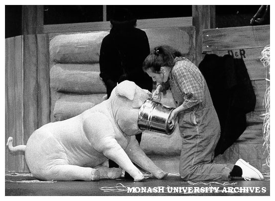 Scene from 'Charlotte's Web'. Elizabeth Paterson as Fern with Wilbur the pig.
