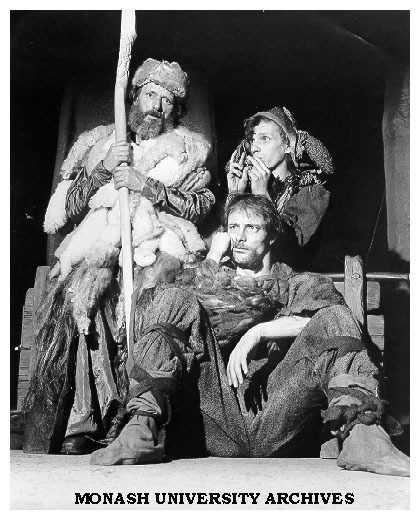 Scene from 'King Lear' at Alexander Theatre. Reg Evans as Lear, Robert Bell as Earl of Kent and Joe Bolza as Lear's Fool