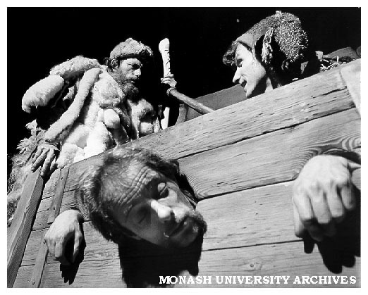Scene from 'King Lear' at Alexander Theatre. Reg Evans as Lear, Robert Bell as Earl of Kent and Joe Bolza as Lear's Fool
