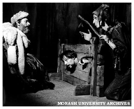 Scene from 'King Lear' at Alexander Theatre. Reg Evans as Lear, Robert Bell as Earl of Kent and Joe Bolza as Lear's Fool