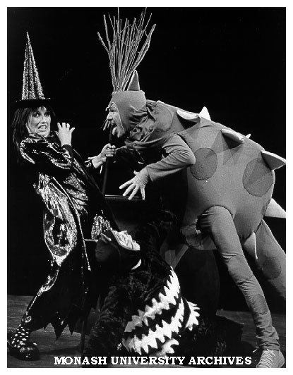 Scene from 'The Meg and Mog Show' with Catherine McQuillen as Meg and Norman Yemm as Steggie