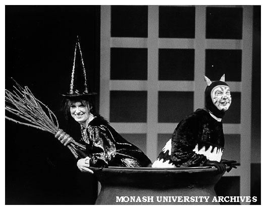 Scene from 'The Meg and Mog Show'. Catherine McQuillen as Meg and David Dodd as Mog