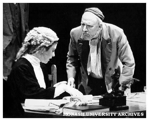 Scene from 'The Merchant of Venice'. Sue Dodd as Portia amd Richard Pannell as Shylock