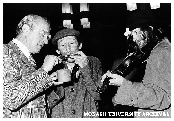 Opening night of 'Puckoon'. from left: Unidentified man, James Wright, Franciscus Henri