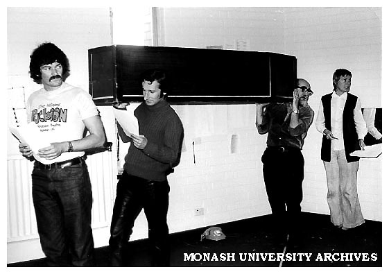 Cast members of 'Puckoon' during rehersals. Fom left: Hu Pryce, James Wright, Harold Baigent, Marion Heathfield