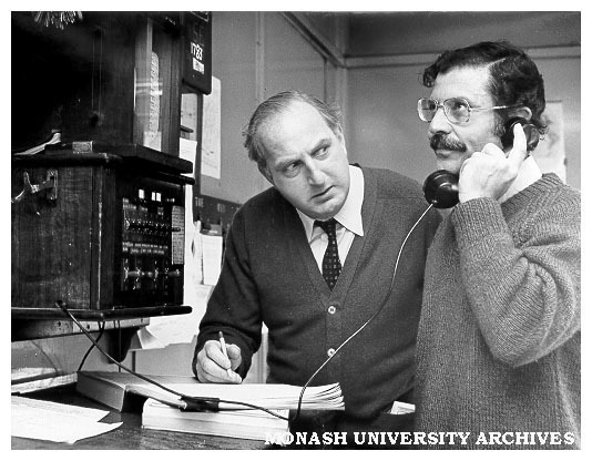 Cast member of 'The Signalman's Apprentice' at local railway station signal box. John Frawley (left) and Alan Tobin