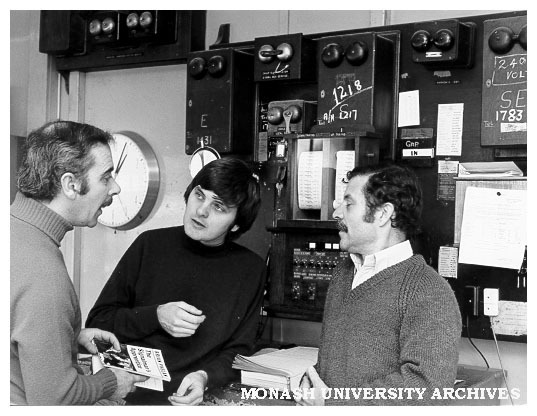 Director and cast members of 'The Signalman's Apprentice' in local railway station signal box. Peter Batey, Director (left), Gary Gray and Alan Tobin