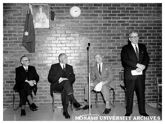 Official opening of Queens Avenue buildings, Caulfield Technical College. From left: Mr A.E. Lambert, Principal; the Hon. J.S. Bloomfield, Minister of Education; Mr K.H. Boykett, President of the College Council; and Sir A.A. Fitzgerald.