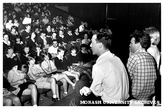 Jigsaw Theatre Company members from Canberra answer questions from schoolchildren after performance of 'Flowers for Algernon'