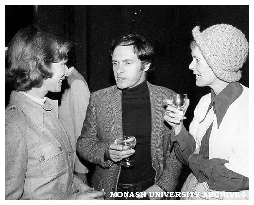 Guests at celebration for the first year of Alexander Theatre Company, Gerda Nicholson (left), Paul Karo, Marion Heathfield