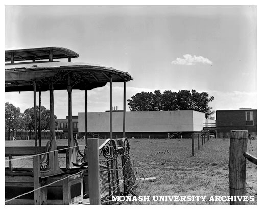 Junior Physics building with old tram car in foreground