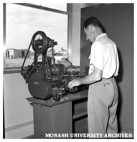 Physics machine shop interior with first working machine operated by Ken Nuske