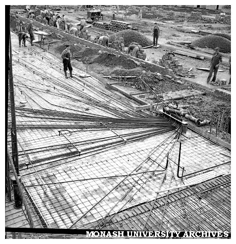 Senior Physics workshop construction showing electrical conduits in floor