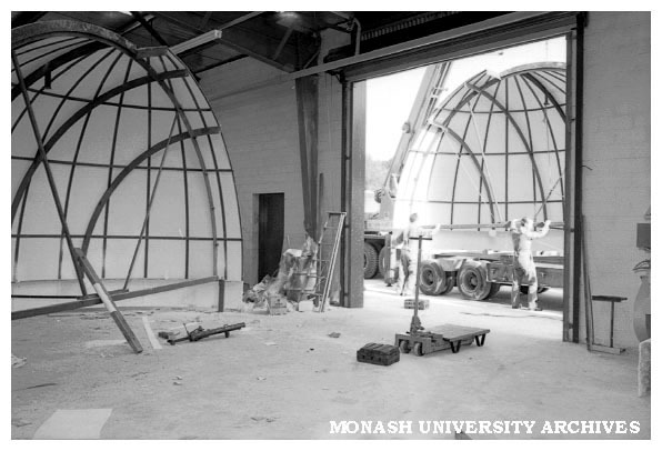 Removal of Monash Observatory dome from factory to Mt. Burnett