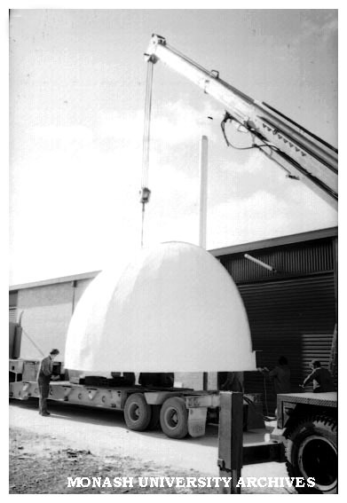 Loading Monash Observatory dome onto trailer for transportation to Mt. Burnett