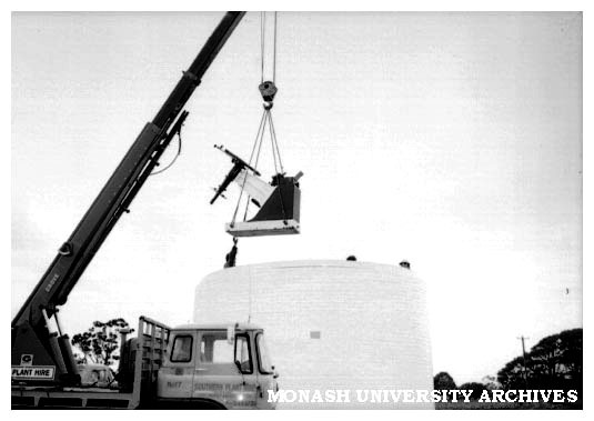 Placement of Jeffree telescope before installation of dome on Monash Observatory at Mt. Burnett