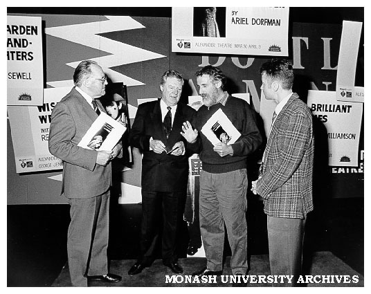 Launch of 1993 Heart Health Monash Theatre Season. From left: Mr Phil A'vard, Professor Mal Logan, Mr Carillo Gantner and Mr Chris Pupe