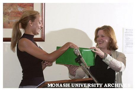 Barbara Dalton (right) and unidentified woman at International Women's Day 2001 Luncheon