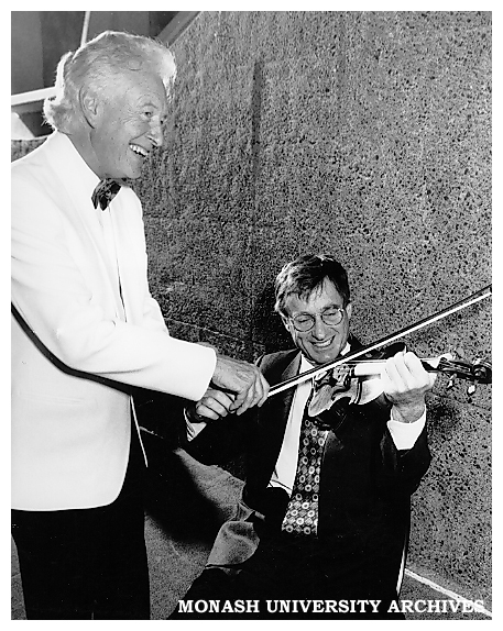 Carl Pini of The Melbourne String Quartet and Professor Peter Darvall at the launch of the quartet at Robert Blackwood Hall