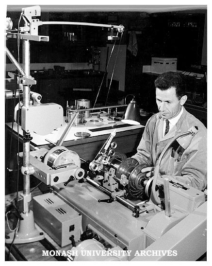 Ken Nuske coil winding in the Physics workshop.