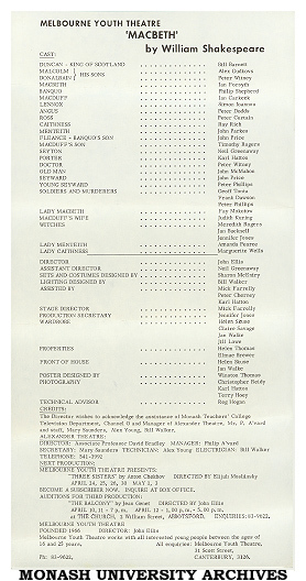 Poster (back) for performance of 'Macbeth'