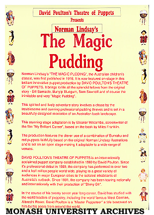 Poster (back) for performance of 'The Magic Pudding'